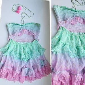 Rococo Sand Pastel Watercolor Metallic Ruffled Cut Out Mini Dress